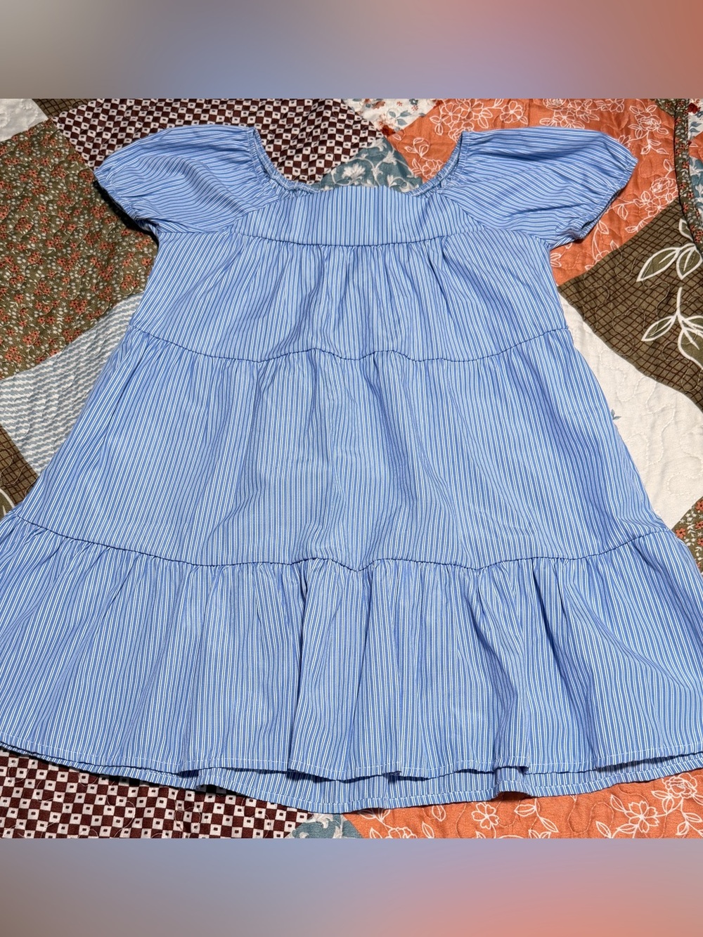 Girls - Crown & Hearts Blue White Striped Tiered Peasant Dress XS